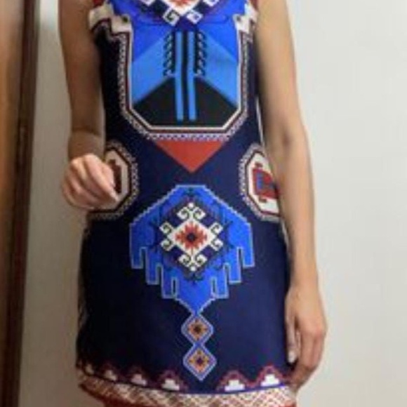 Farm Rio Aztec Geometric Print Cut-Out Back Sleeveless Sheath Dress S/P - Picture 2 of 9